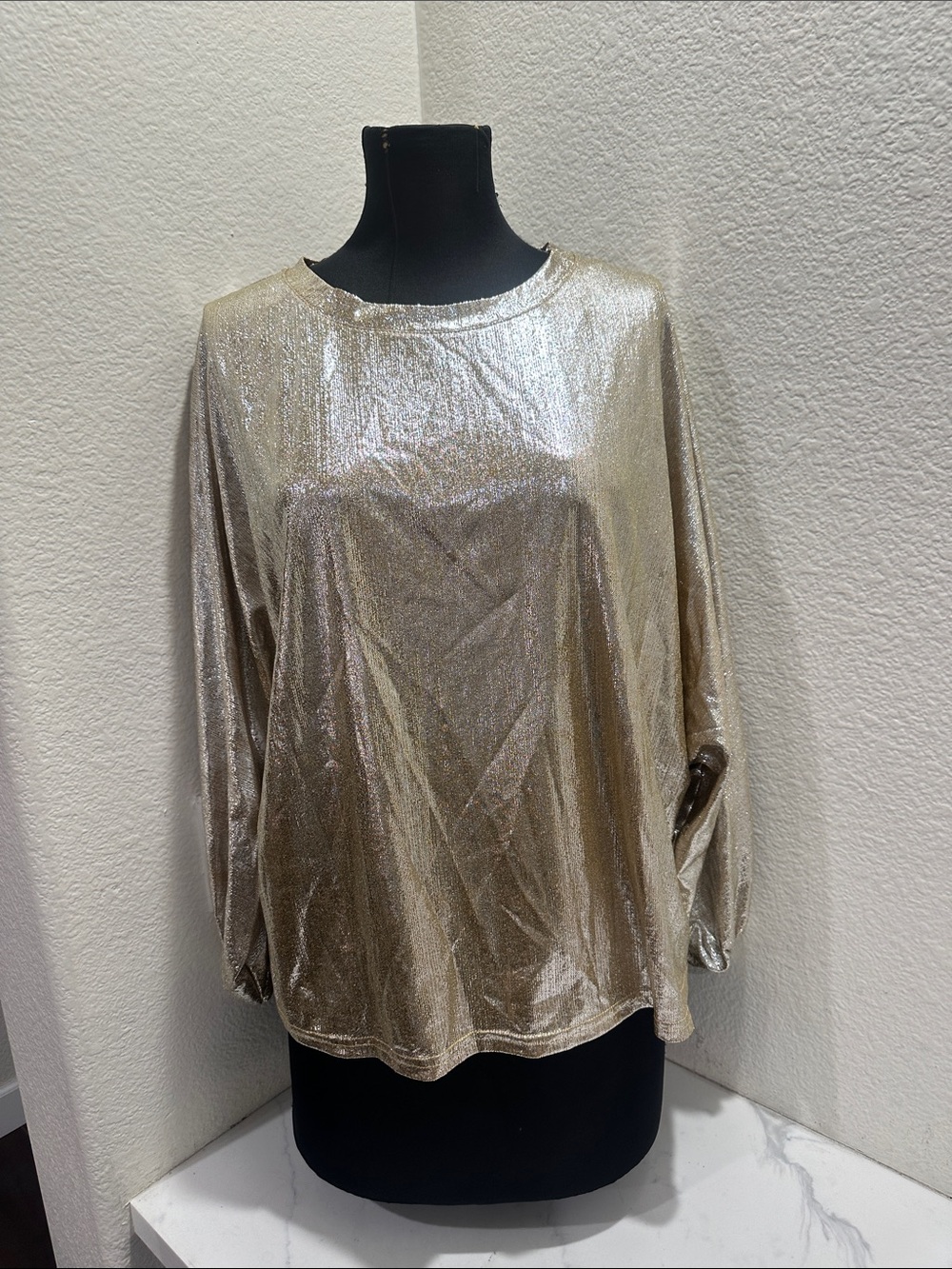 glam Metallic Gold Long Sleeve Shimmer Top